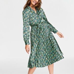 On 34th Floral Pleated Midi Dress Tie Neck Long Sleeve Botanical Print Size XXL